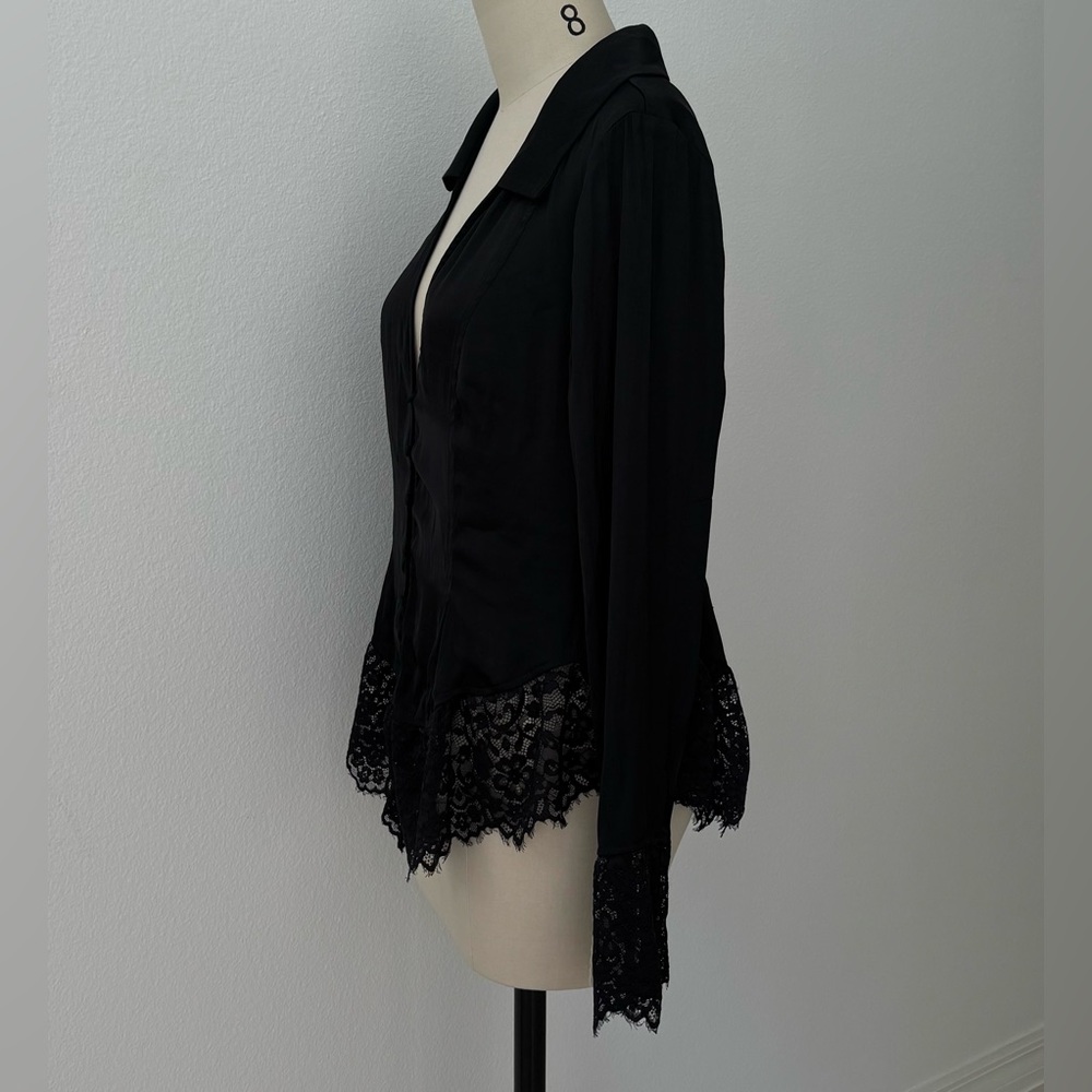 Free People Ester Lace Blouse NWT Silky Black Eyelash Lace Covered Buttons M - Picture 5 of 9